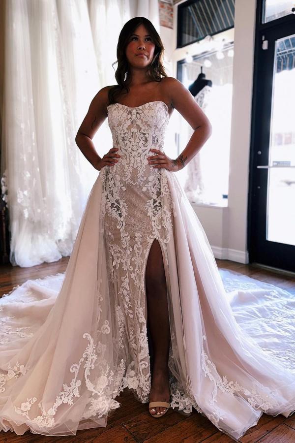 Robe de mariée sirène 2en1 traîne détachable avec dentelles chic et élégante