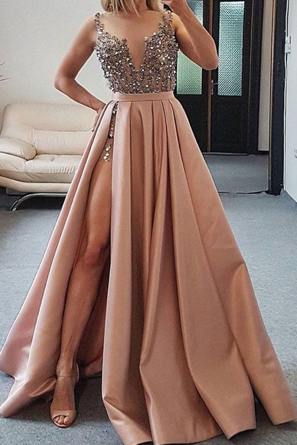 robe de soirée longue fendue avec cristaux