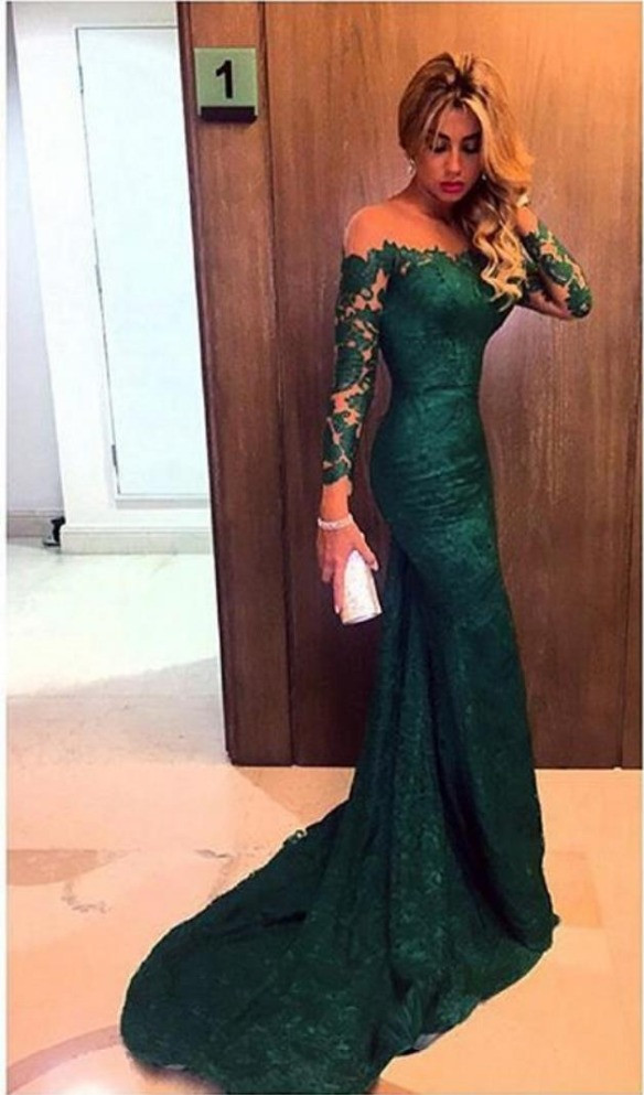 Elégante robe de soirée longue vert foncé dentelle épaules nus robe de cérémonie