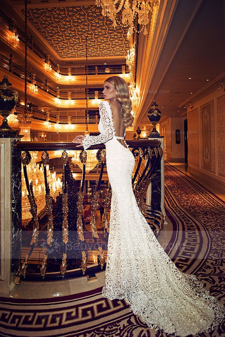 Forme Sirène/Trompette alayage/Pinceau train Col en V Dentelle Nouveau Robes de mariée sirène avec Dentelle