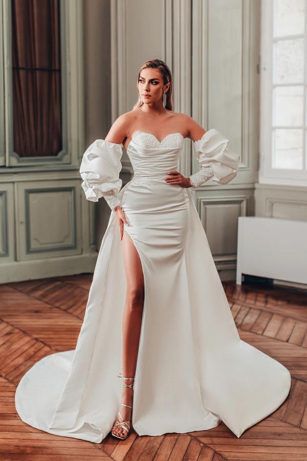 Robe de mariée satiné bustier haute gamme sur mesures unique et chic
