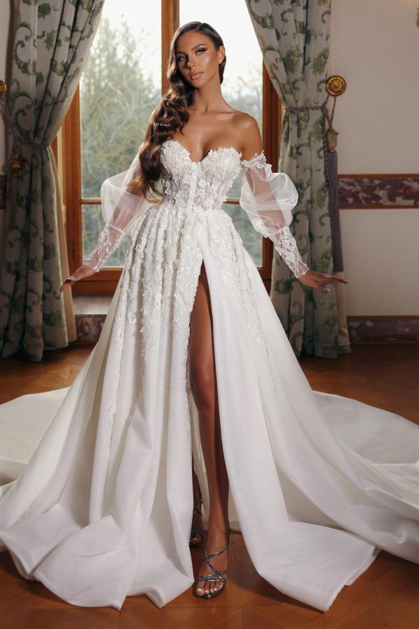 Robe de mariée bustier dentelles ligne-A fendu devant chic