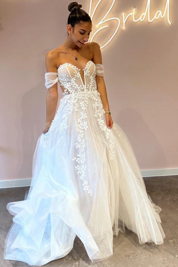 Robe de mariée ligne-A fleuries dentelle épaules dénudées pas cher
