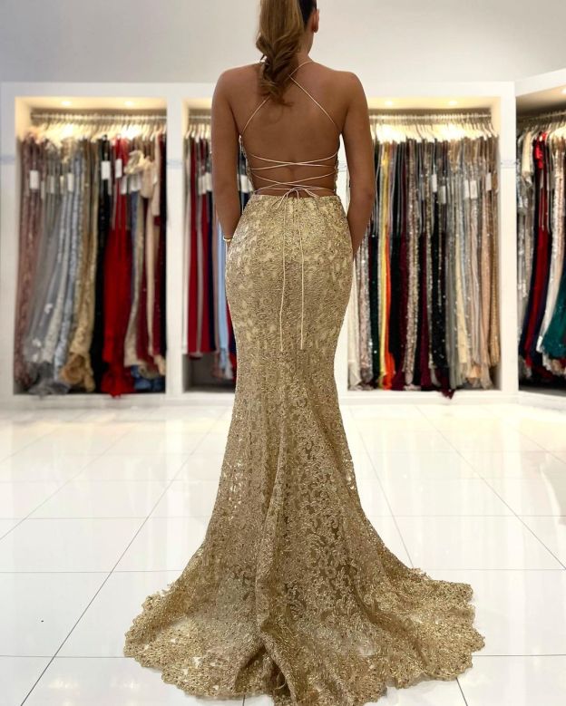 Robes de soirée dorées longues en dentelle | Acheter des robes de bal pas chères