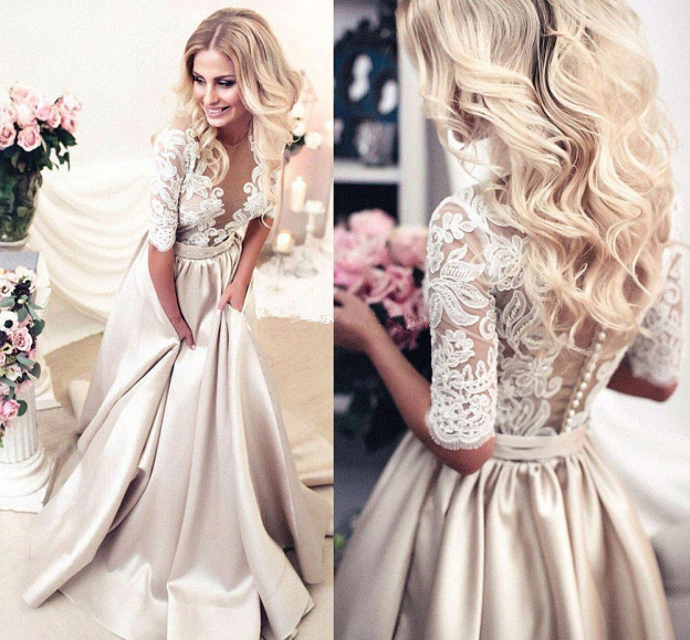 Forme princess robe de cérémonie en dentelle et satin avec manche mi-longue