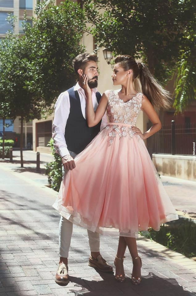 Forme Princesse Longueur cheville Col en V Tulle Robes de soirée 2021 avec Appliques