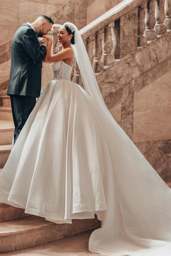 Robe de mariée de luxe ligne A | Robes de mariée en dentelle avec paillettes