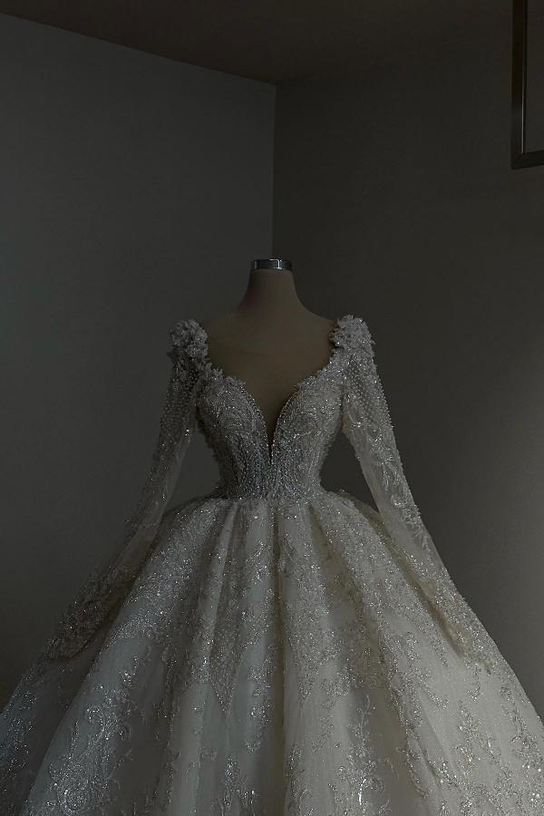 Robes de mariée princesse avec manches | Robes de mariée en dentelle avec des paillettes