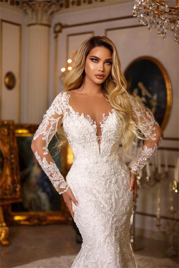 Robe de mariée sirène en dentelle col V avec manches élégante