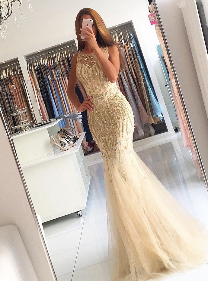 Forme Sirène/Trompette Col U profond Longueur ras du sol Tulle Robe de soirée avec Perle