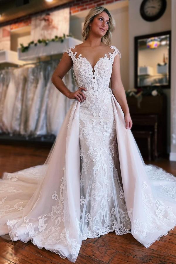 Robe de mariée sirène dentelle 2en1 avec traîne détachable magnifique