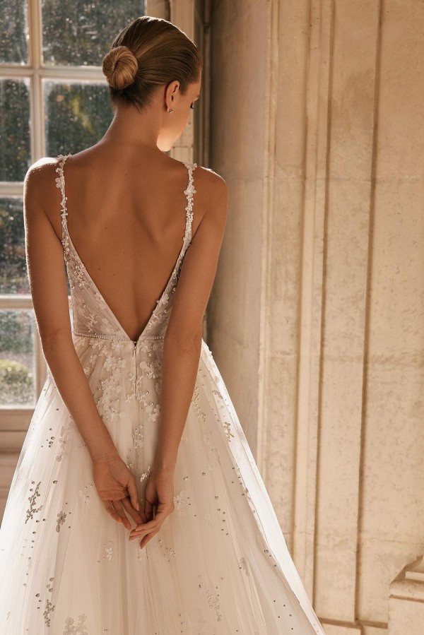 Robe de mariée A-ligne à bretelles spaghetti dentelle pas cher