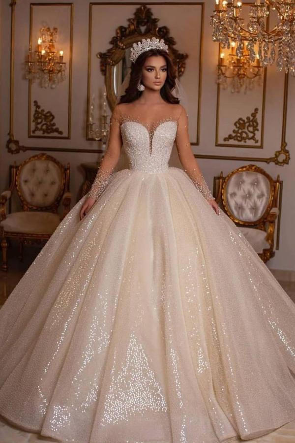 Robes de mariée princesse paillettes | Robes de mariée à manches