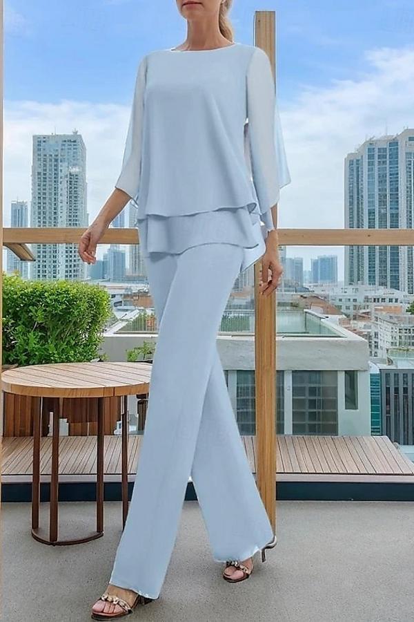 2 Teilige Himmel Blaue Chiffon Mutterkleider Lang Hosenanzug Brautmutter Online