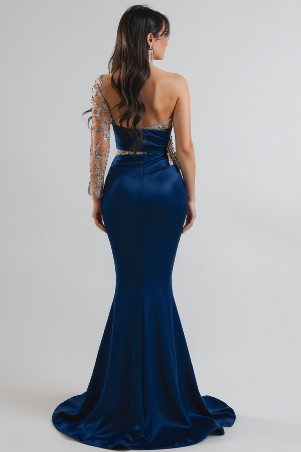 Fashion Abendkleider Lang Blau Glitzer Ballkleider Mit ?rmel