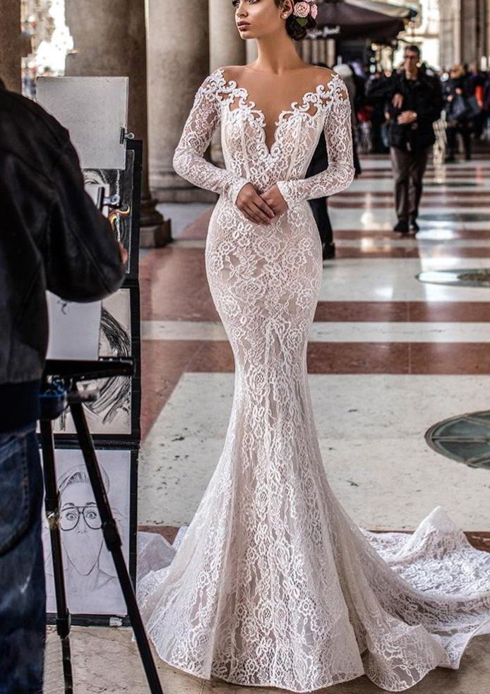 Robes de mariée de créateurs en dentelle de sirène | Robes de mariée à manches