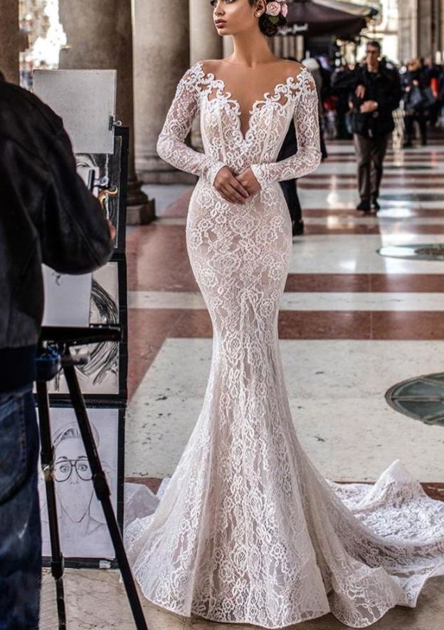 Robes de mariée de créateurs en dentelle de sirène | Robes de mariée à manches