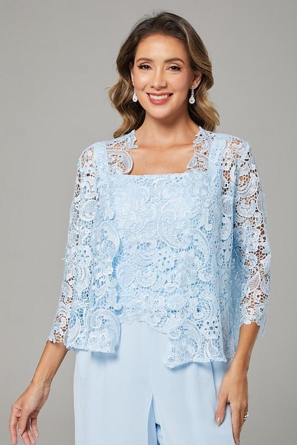 Himmel Blaue Chiffon Mutterkleider mit Jacket | 3 Teilen Brautmutter Hosenanzuge