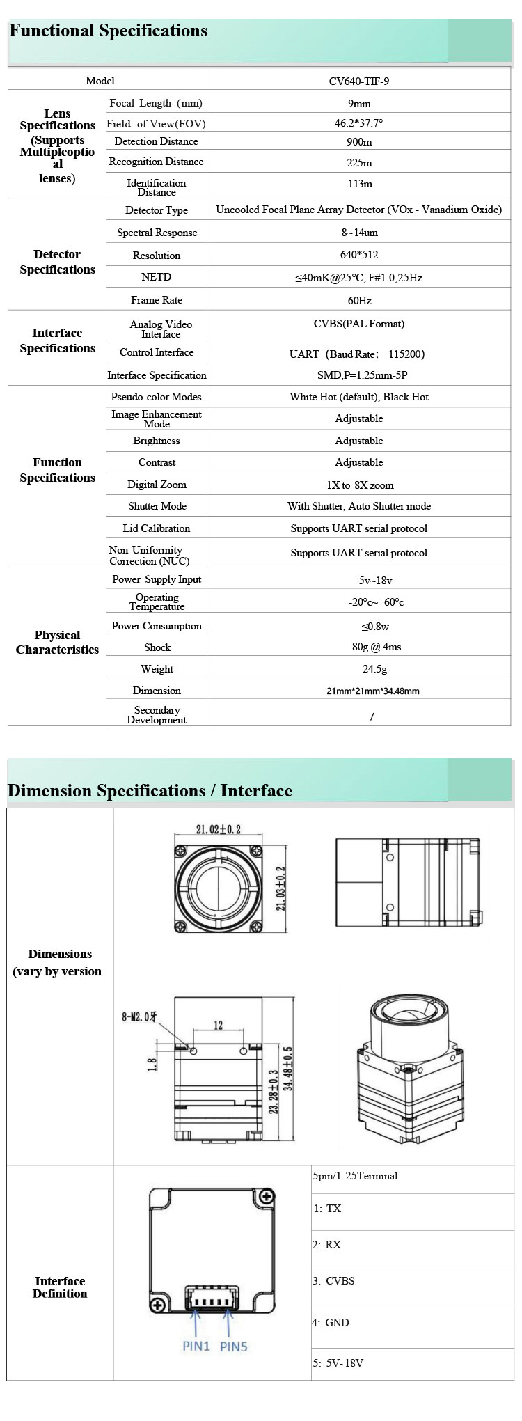 MINI3 Series CV640-TIF Ultra-Light Thermal Imaging Core - 640x512 9mm 12μm 24.5g SWaP Module