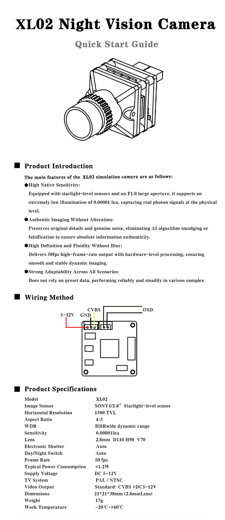 XL02 Night Vision Analog Camera - 1500TVL HDR 50fps - 0.00001