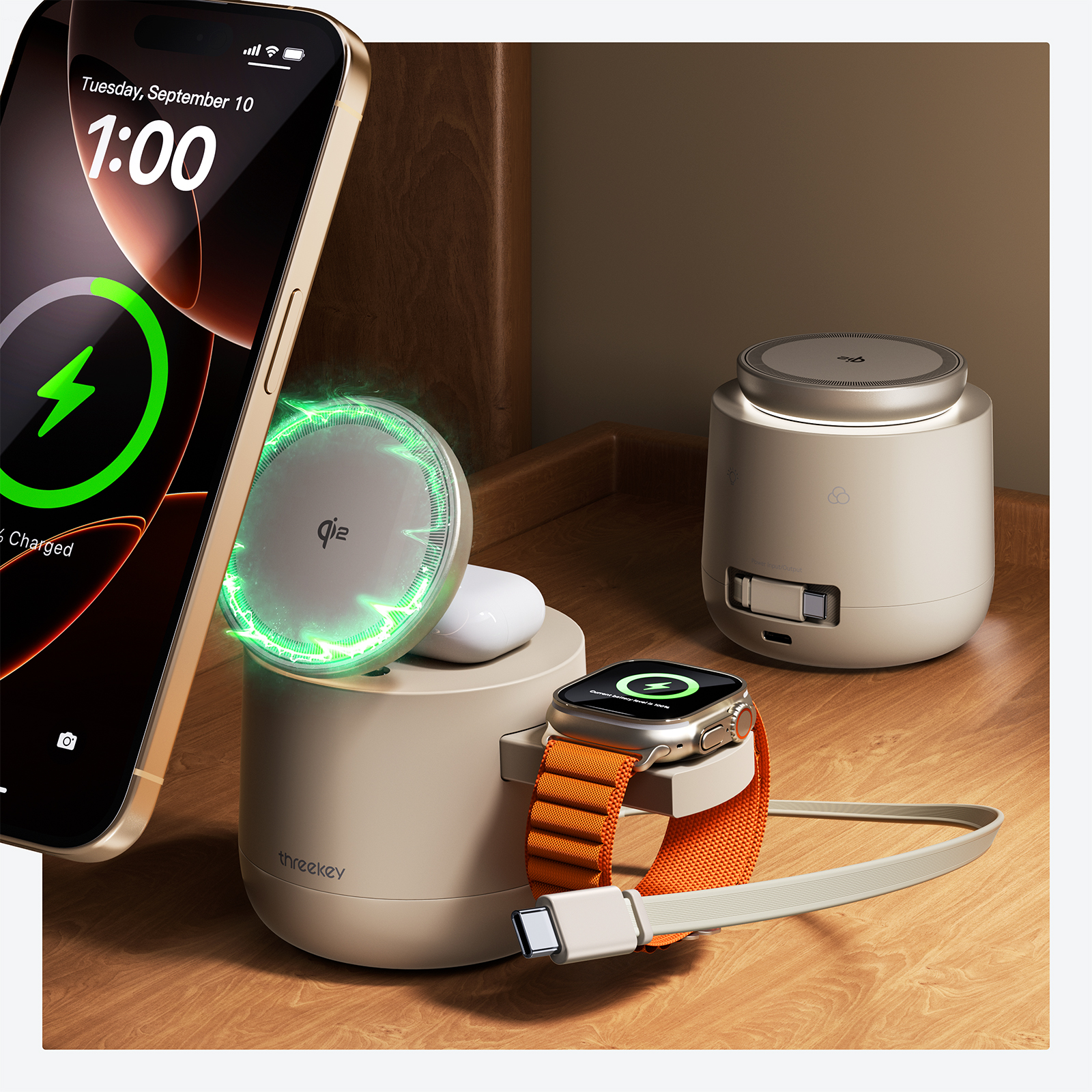 THREEKEY 3in1 MFI Qi2 PSE認証 ワイヤレス充電器