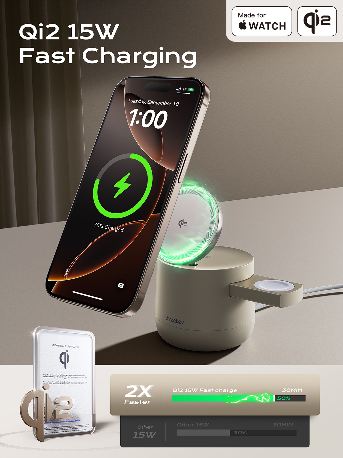 3 in 1 for Qi2 15W Apple Magsafe Wireless Charging Station Dock | Threekey MFI Certified