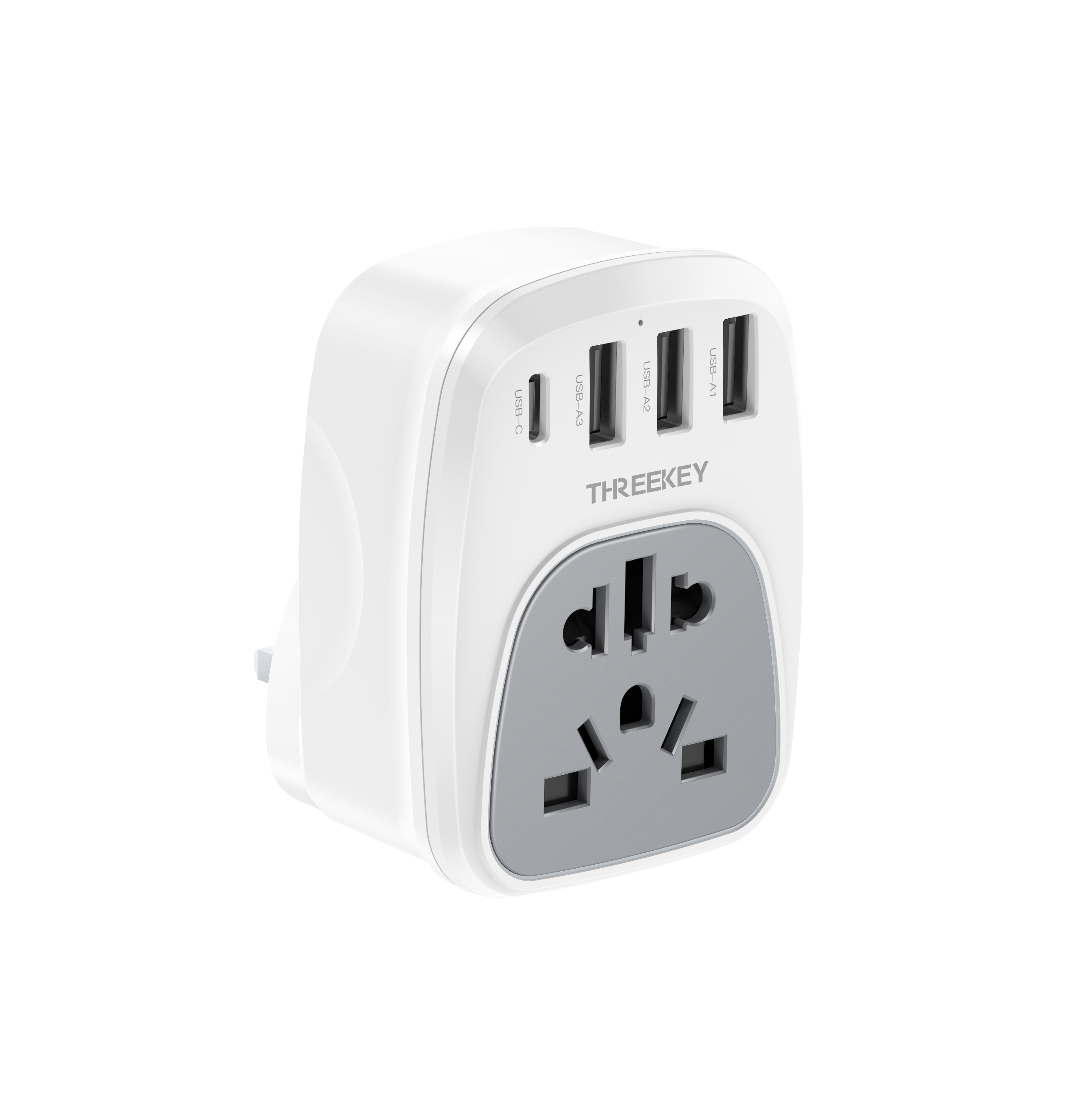 THREEKEY multi-functional converters for electric plugs feature three USB-A ports and one USB-C port, supporting both two-prong and three-prong plugs