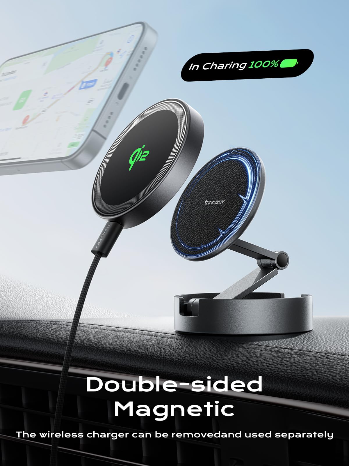 Qi2 15W MagSafe Car Mount Charger, Dashboard Magnetic Wireless Car Charger | THREEKEY