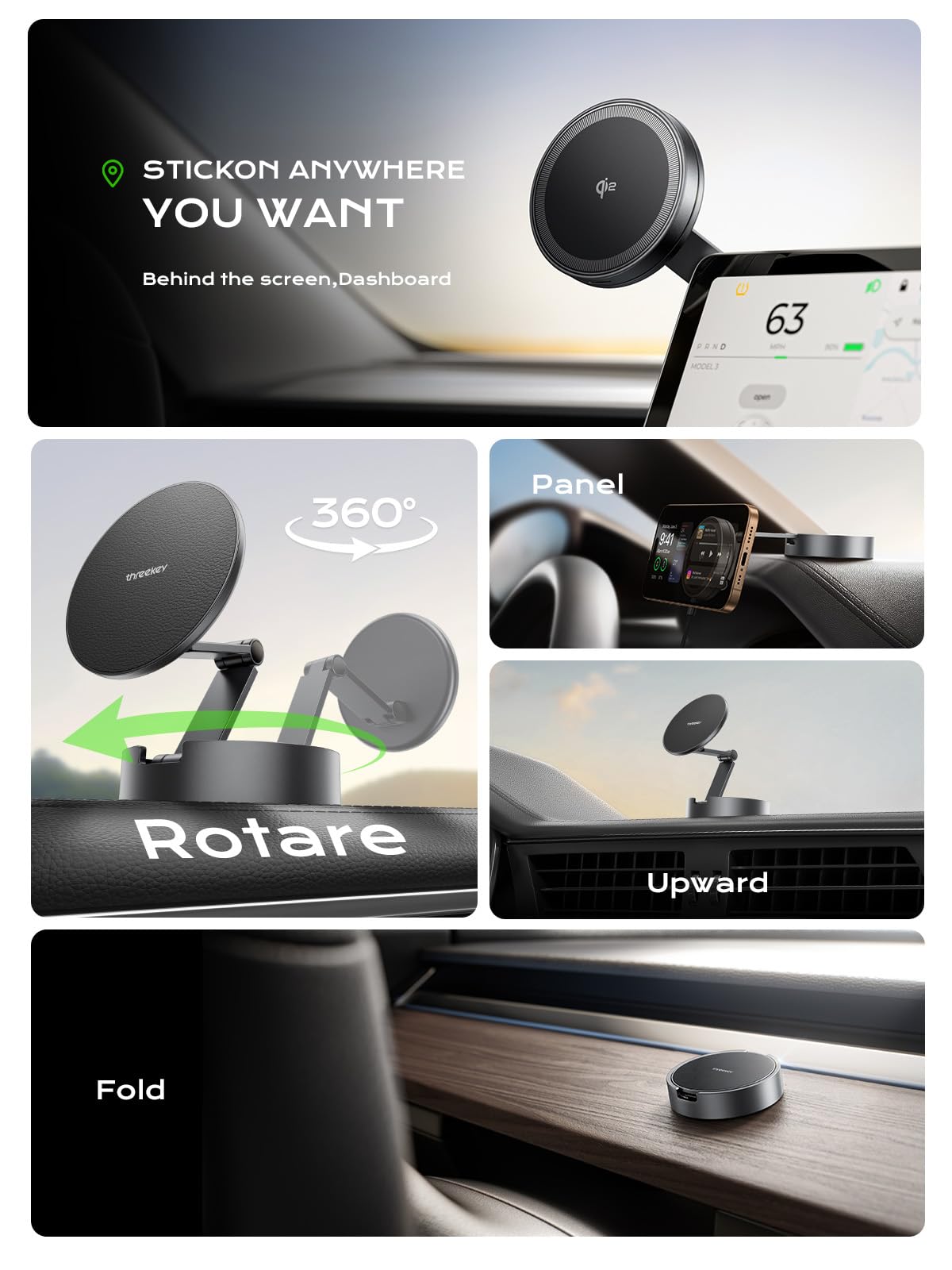 Qi2 15W MagSafe Car Mount Charger, Dashboard Magnetic Wireless Car Charger | THREEKEY