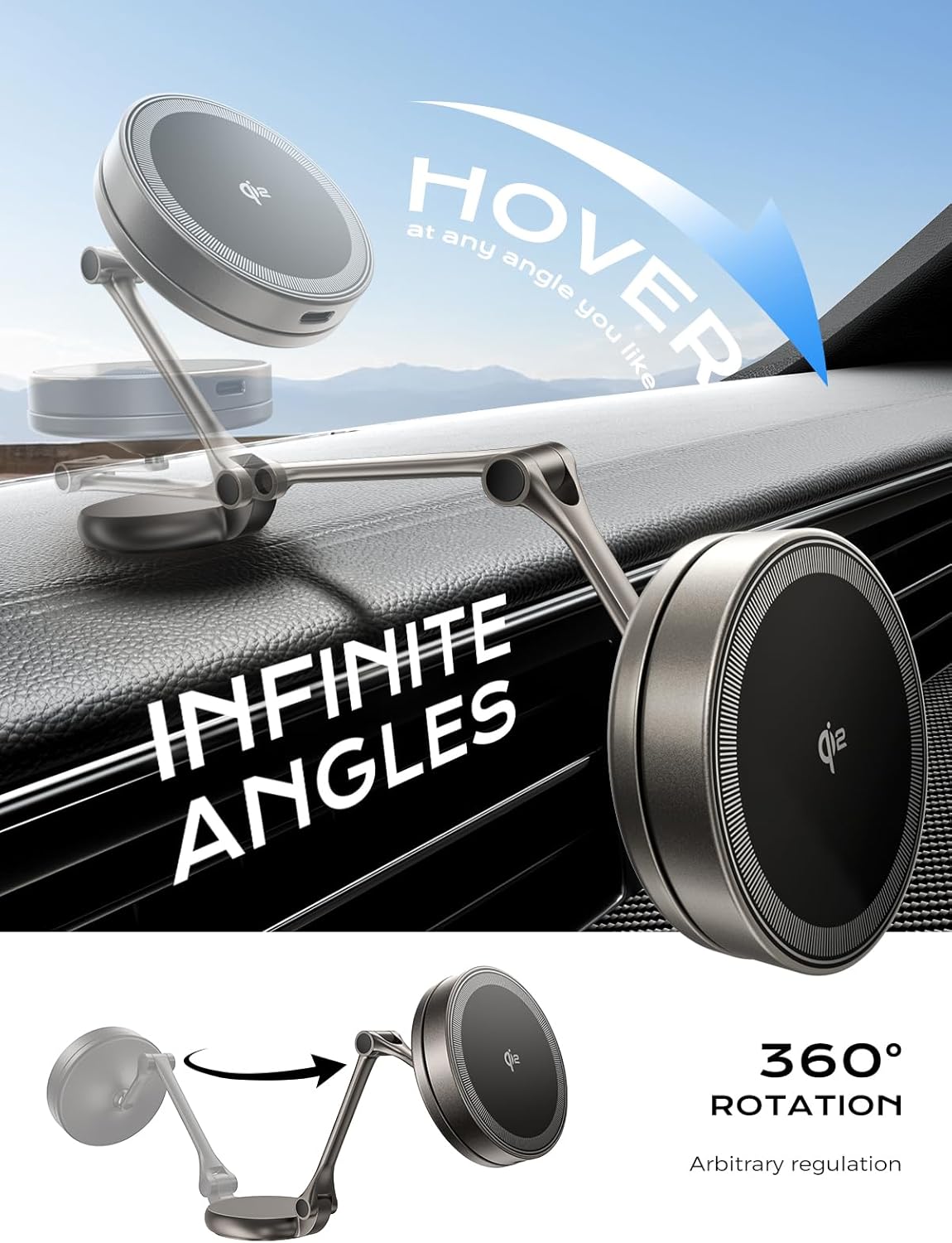 Car Phone Hodler Mount Charger Qi2 15W MagSafe Car Mount Charger, 3-Axis Metal Arm | THREEKEY