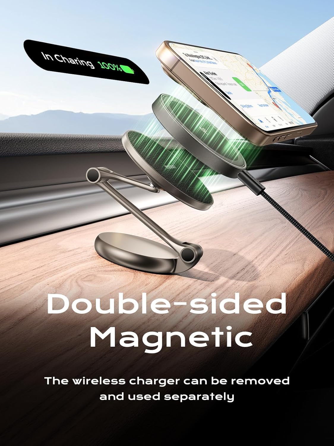 Car Phone Hodler Mount Charger Qi2 15W MagSafe Car Mount Charger, 3-Axis Metal Arm | THREEKEY