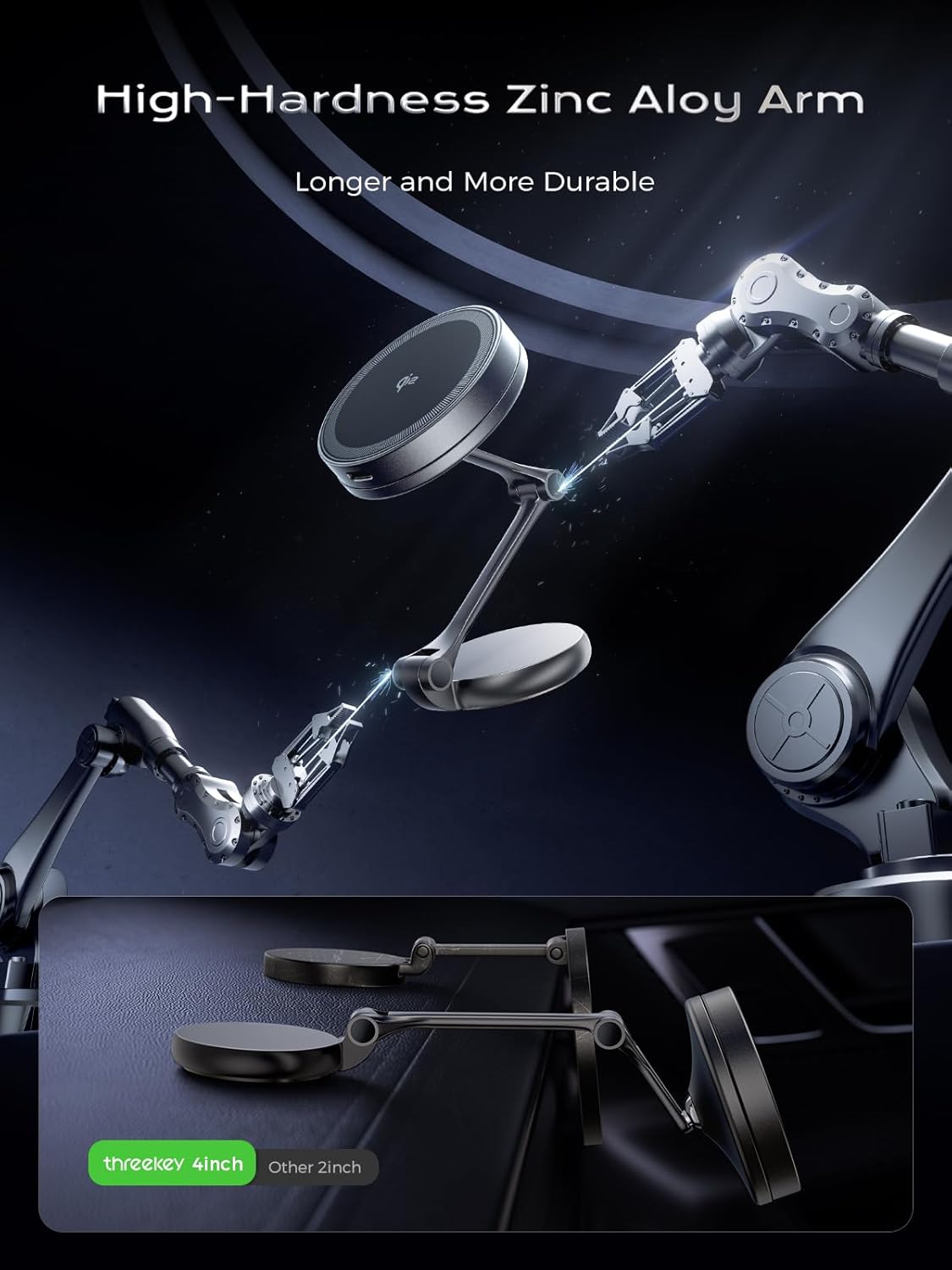 Car Phone Hodler Mount Charger Qi2 15W MagSafe Car Mount Charger, 3-Axis Metal Arm | THREEKEY