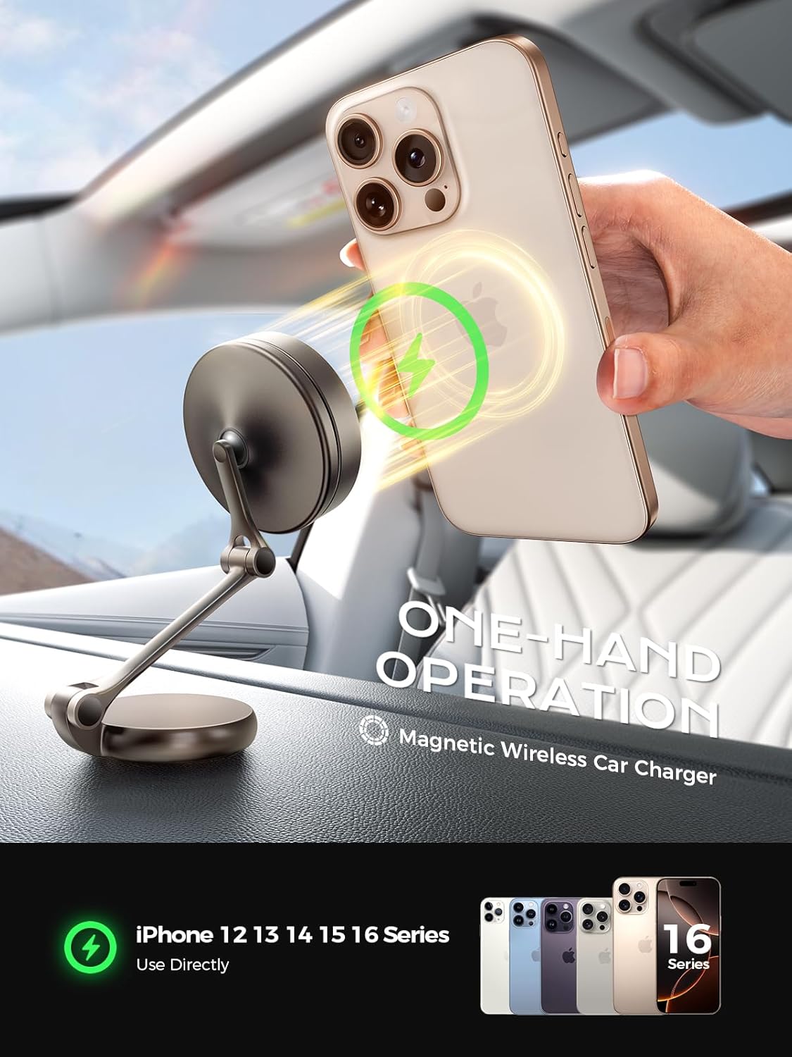 Car Phone Hodler Mount Charger Qi2 15W MagSafe Car Mount Charger, 3-Axis Metal Arm | THREEKEY