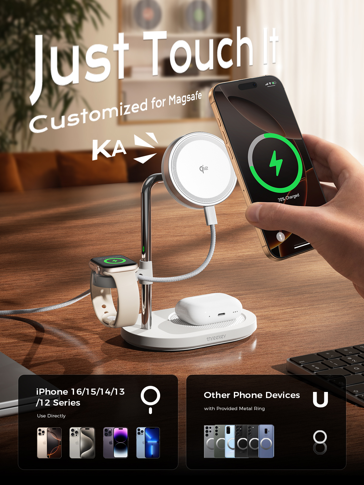 Qi2-Certified 15W Magnetic Desk Charger Stand | Threekey 