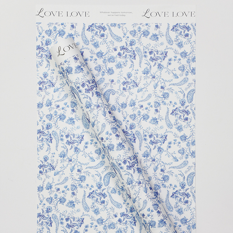 Papel de regalo de flores de porcelana azul y blanca de estilo chino（41#）