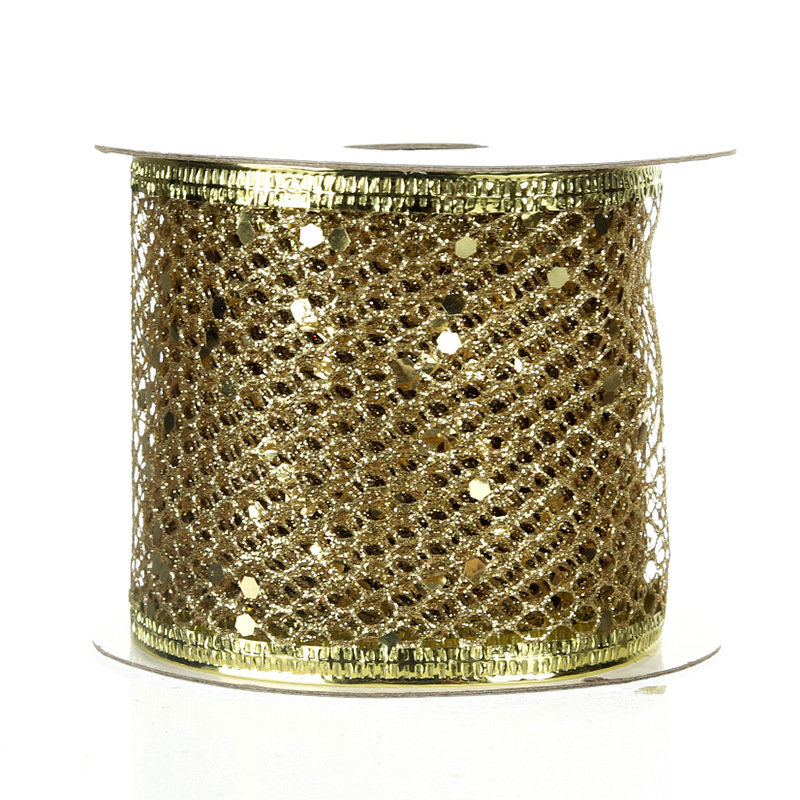 Cinta Navideña Dorada con Rejilla y Lentejuelas