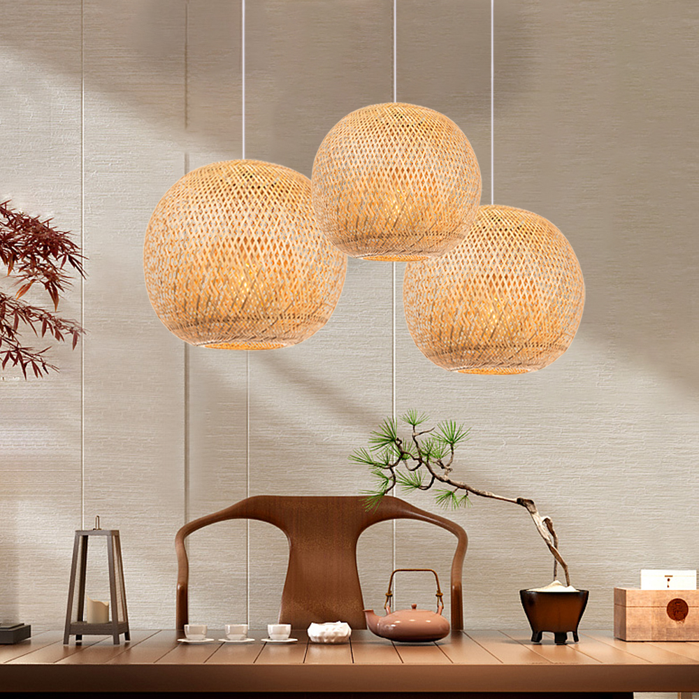 Spherical Bamboo Pendant Light for Bedroom Dining Room-Handwovenlamp