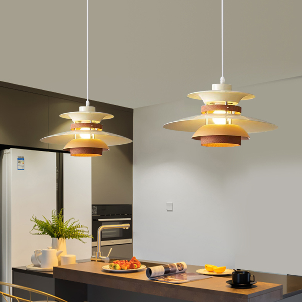 Mid-Century Modern Wood Pendant Light Danish Kitchen Island Multilayer Lampshade-Handwovenlamp