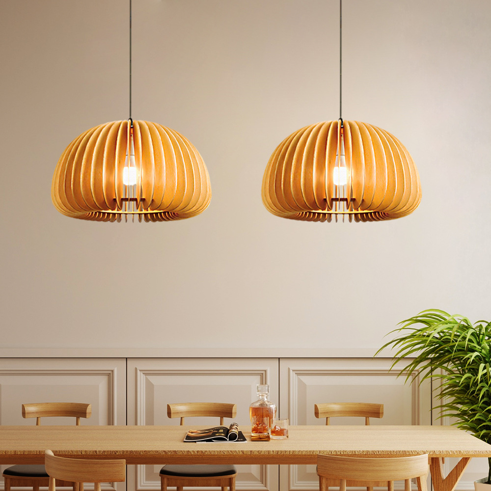 Japanese Pumpkin Lantern Wood Pendant Light Farmhouse Living Room Chandelier-Handwovenlamp