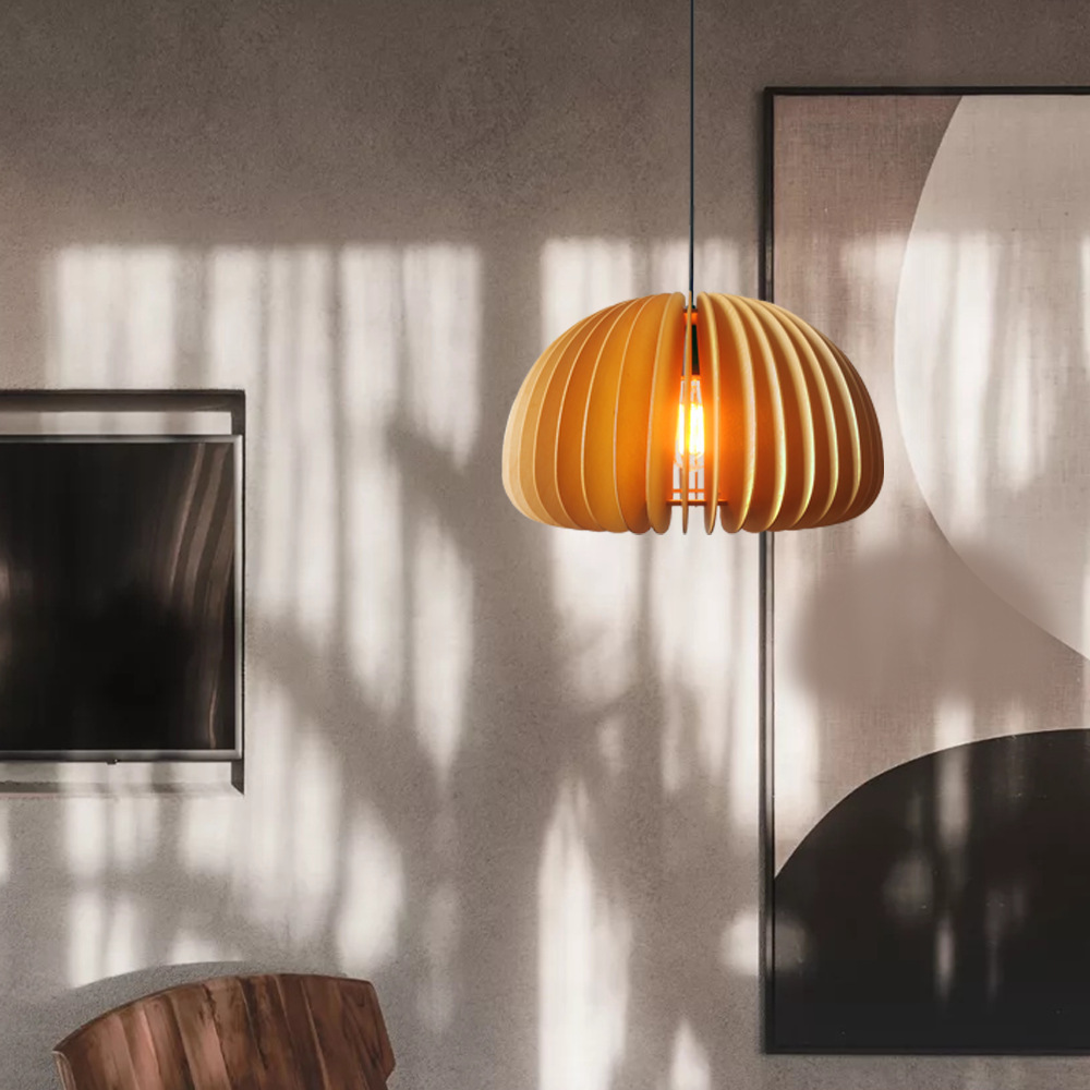 Japanese Pumpkin Lantern Wood Pendant Light Farmhouse Living Room Chandelier-Handwovenlamp