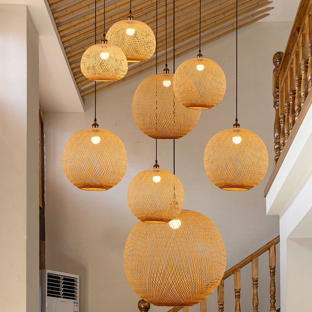 Retro Rattan Bamboo Pendant Lights Hand Woven Spherical Stairwell Lighting-Handwovenlamp
