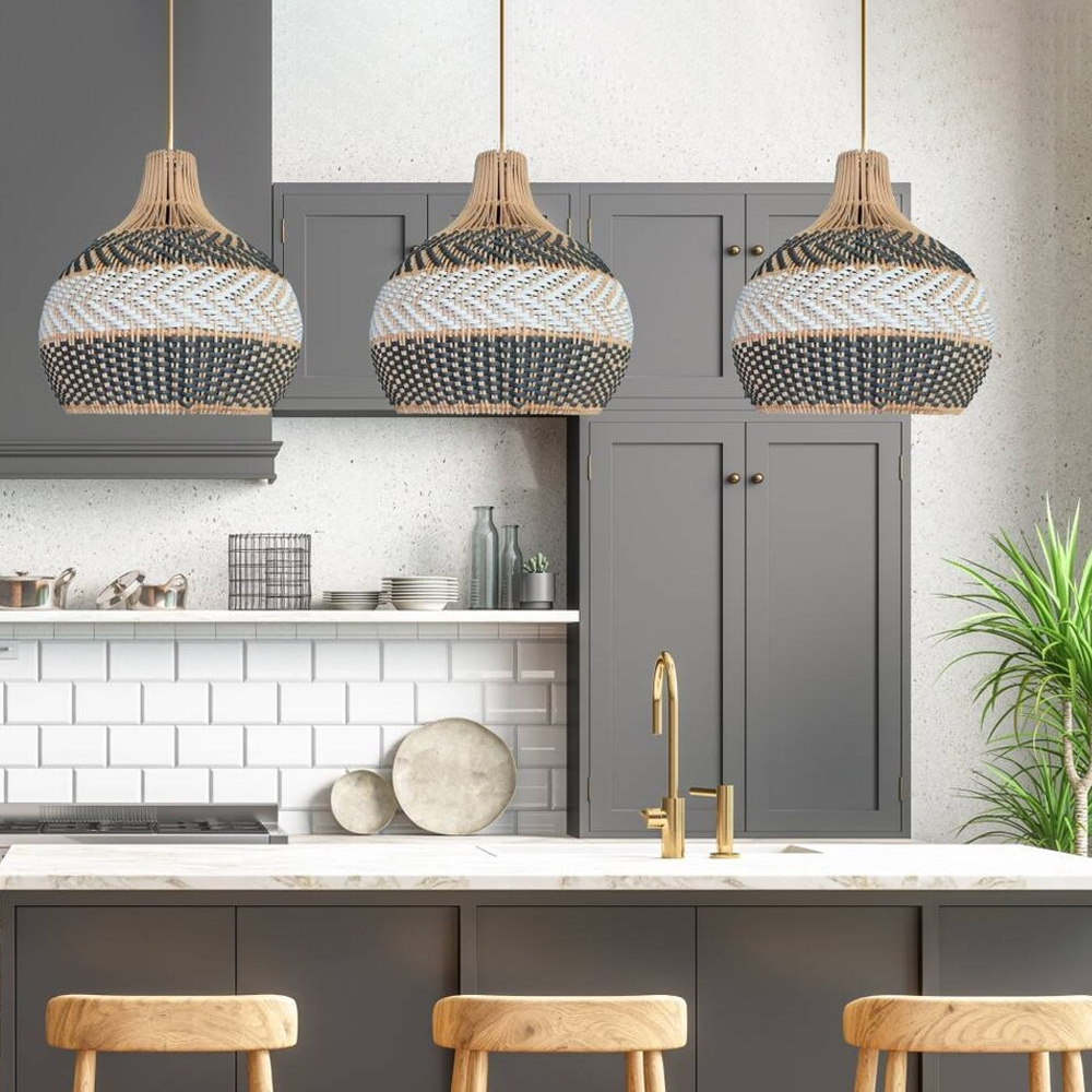 Serena Dark Grey Rattan Pendant Light For Kitchen Island-Handwovenlamp