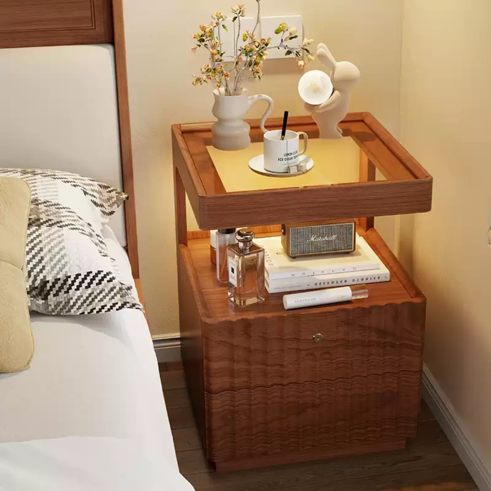 Bedroom Solid Wood Lockable Bedside Table Living Room With Lamp Side Table