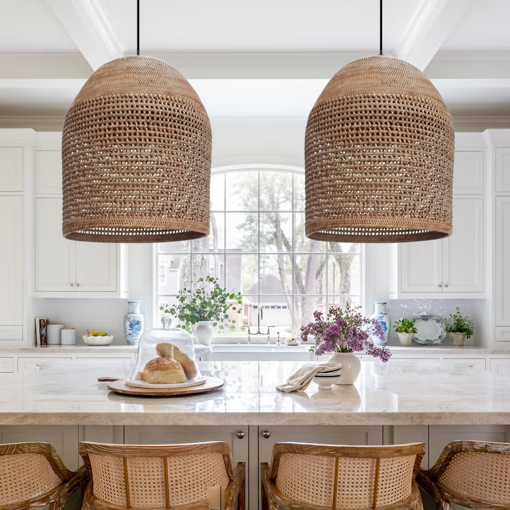 Hand-knitted Rattan Pendant Light Modern Scandinavian Bell Shape Kitchen Island Lighting-Handwovenlamp