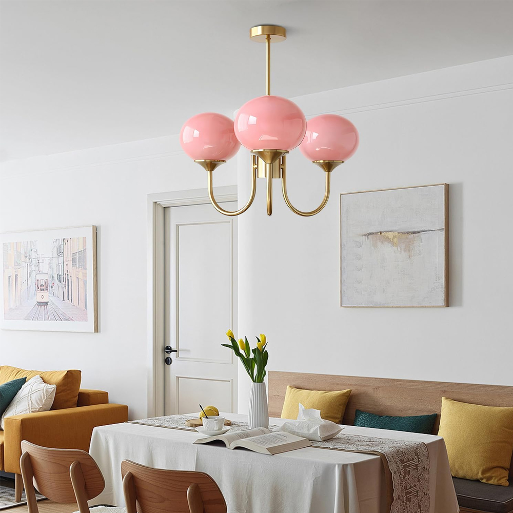 Modern 5-Light Globe Chandelier Light Fixture with Pink Smooth Glass Shade French Home Decor Glass Hanging Lamp-Handwovenlamp