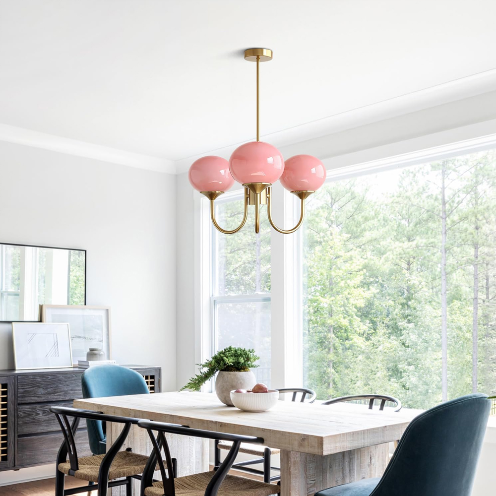 Modern 5-Light Globe Chandelier Light Fixture with Pink Smooth Glass Shade French Home Decor Glass Hanging Lamp-Handwovenlamp