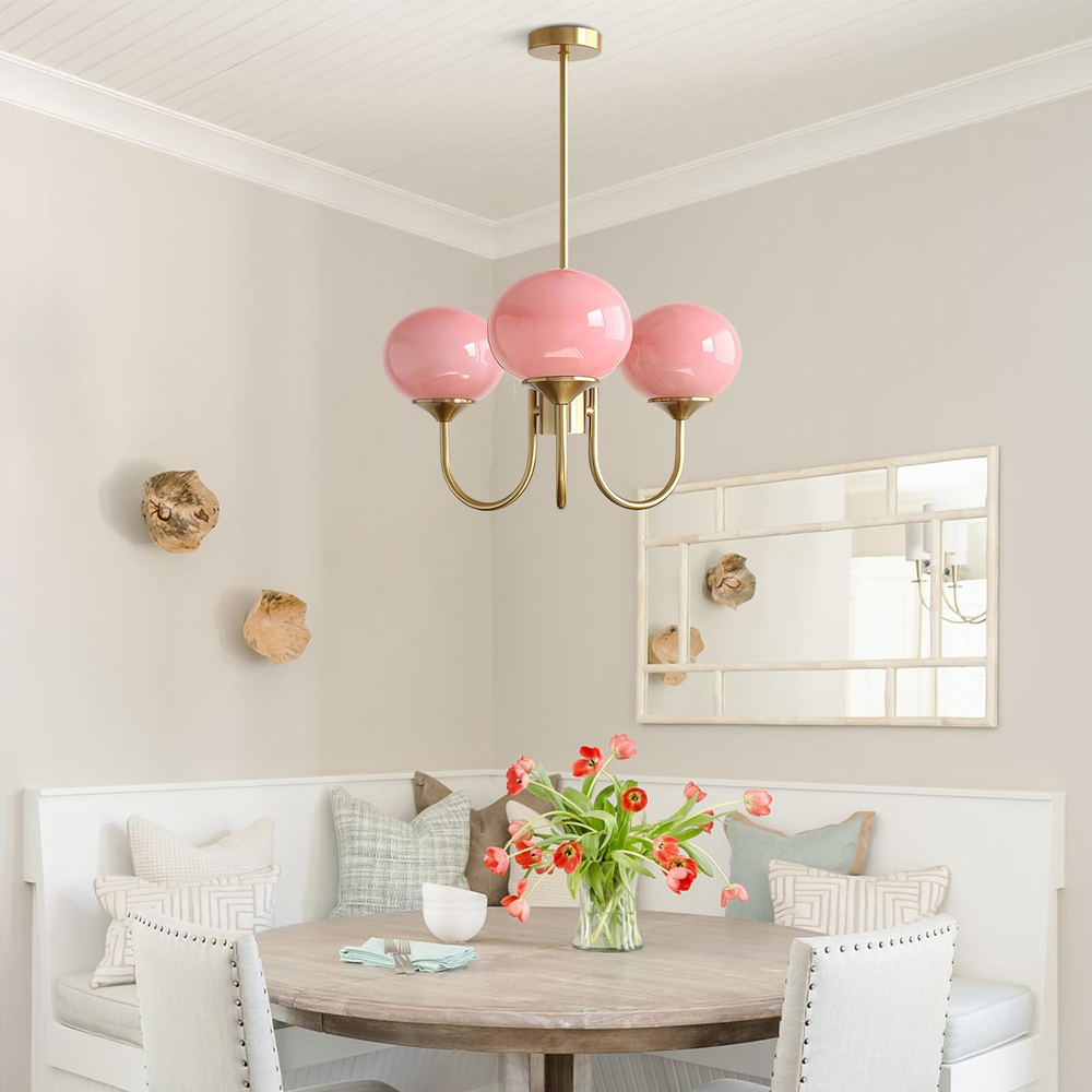 Modern 5-Light Globe Chandelier Light Fixture with Pink Smooth Glass Shade French Home Decor Glass Hanging Lamp-Handwovenlamp