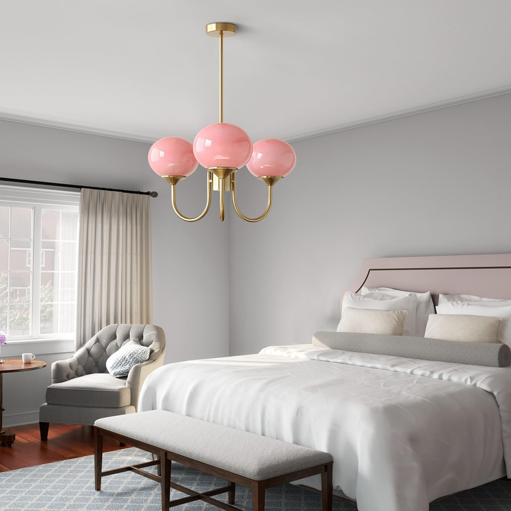 Modern 5-Light Globe Chandelier Light Fixture with Pink Smooth Glass Shade French Home Decor Glass Hanging Lamp-Handwovenlamp