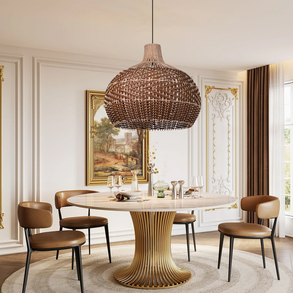 Dining Room Wicker Rattan Chandelier Round Brown Pendant Light Fixture