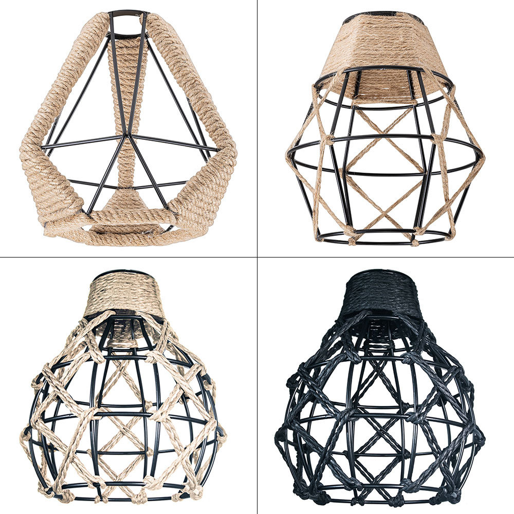 Industrial Retro Hemp Rope Diamond Head Metal Cage Loft Iron Wire Welding Lampshade-Handwovenlamp